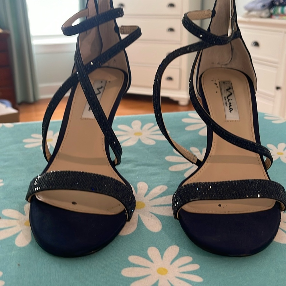 Beautiful navy blue luster satin dress shoe